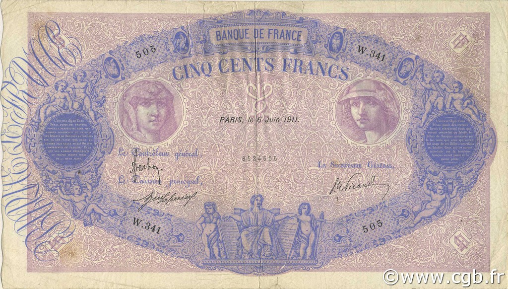 500 Francs BLEU ET ROSE FRANCE  1911 F.30.19 TB+