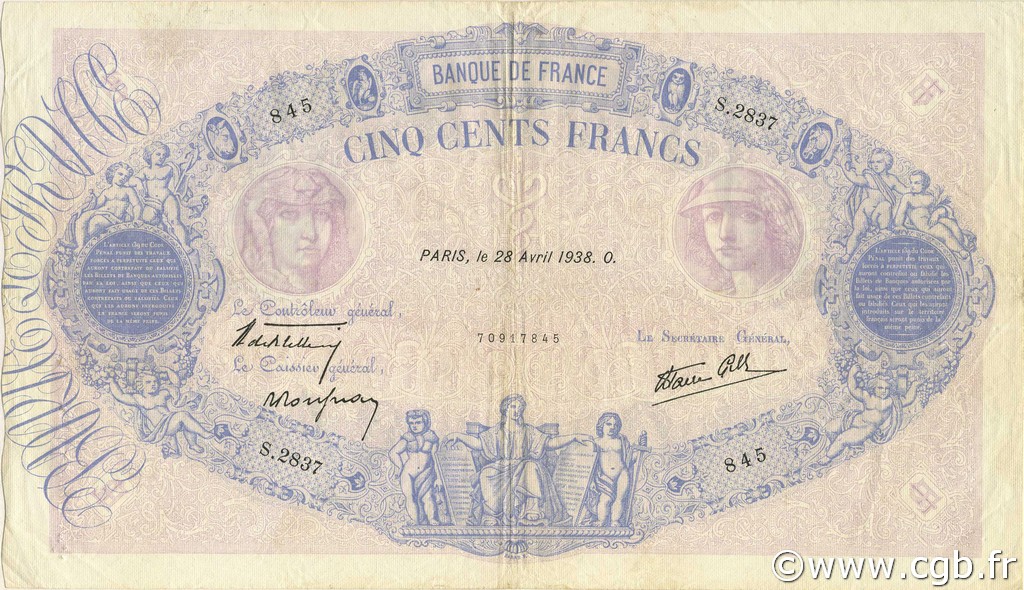 500 Francs BLEU ET ROSE modifié FRANCE  1938 F.31.09 TTB+