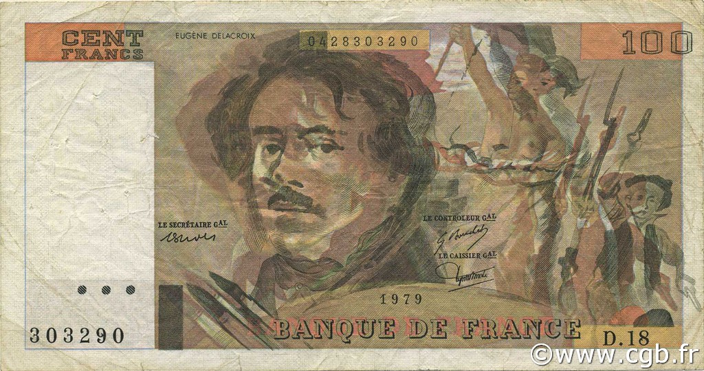 100 Francs DELACROIX modifié FRANCE  1979 F.69.02c TB+