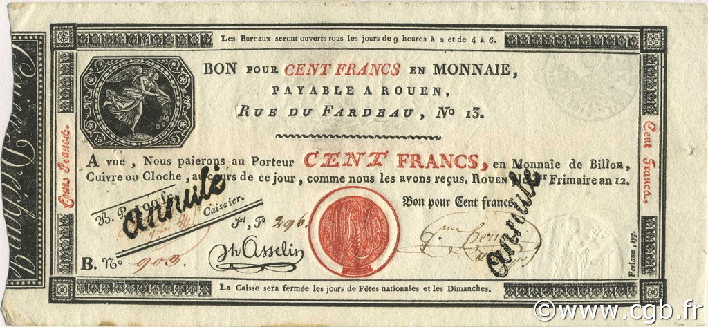 100 Francs Annulé FRANCE  1804 Laf.- SPL