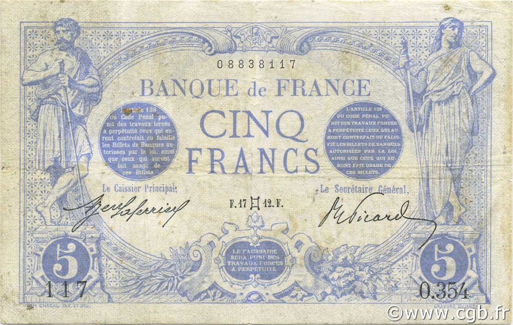 5 Francs BLEU FRANCE  1912 F.02.05 TB