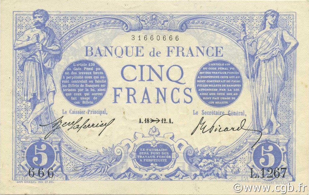 5 Francs BLEU FRANCE  1912 F.02.11 SUP+