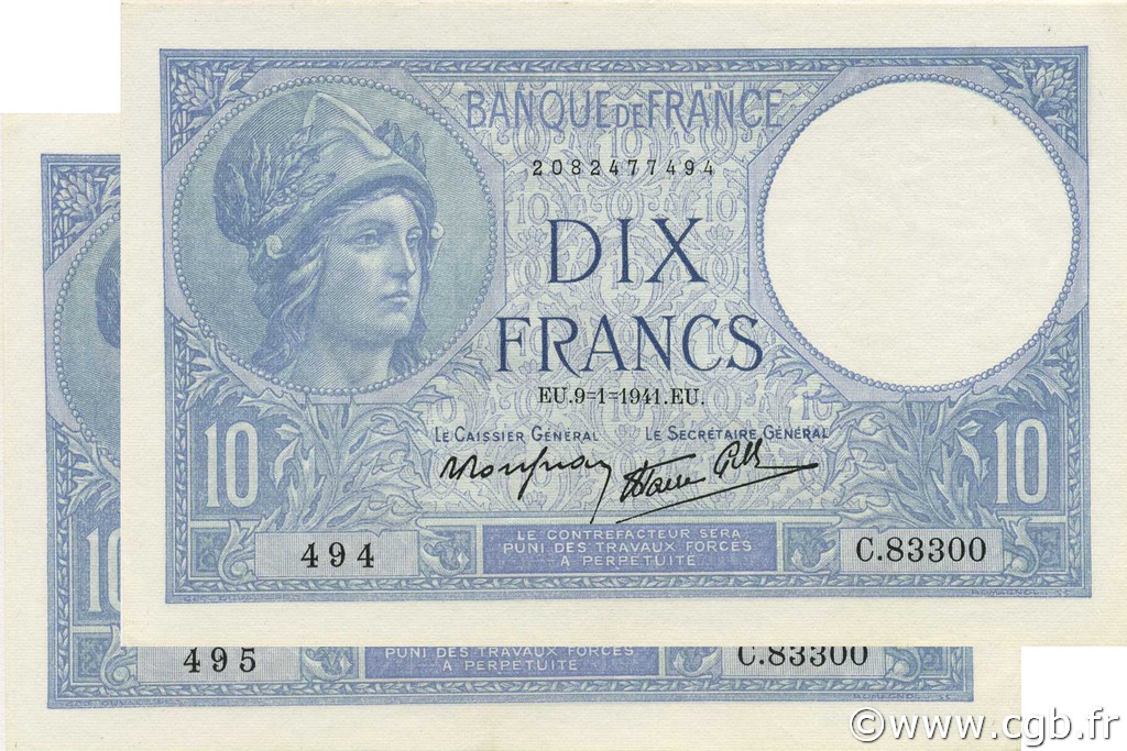 10 Francs MINERVE modifié FRANCE  1941 F.07.27 NEUF