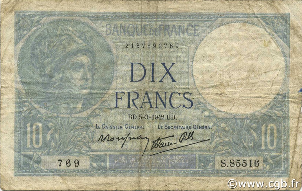10 Francs MINERVE modifié FRANCE  1942 F.07.31 B à TB