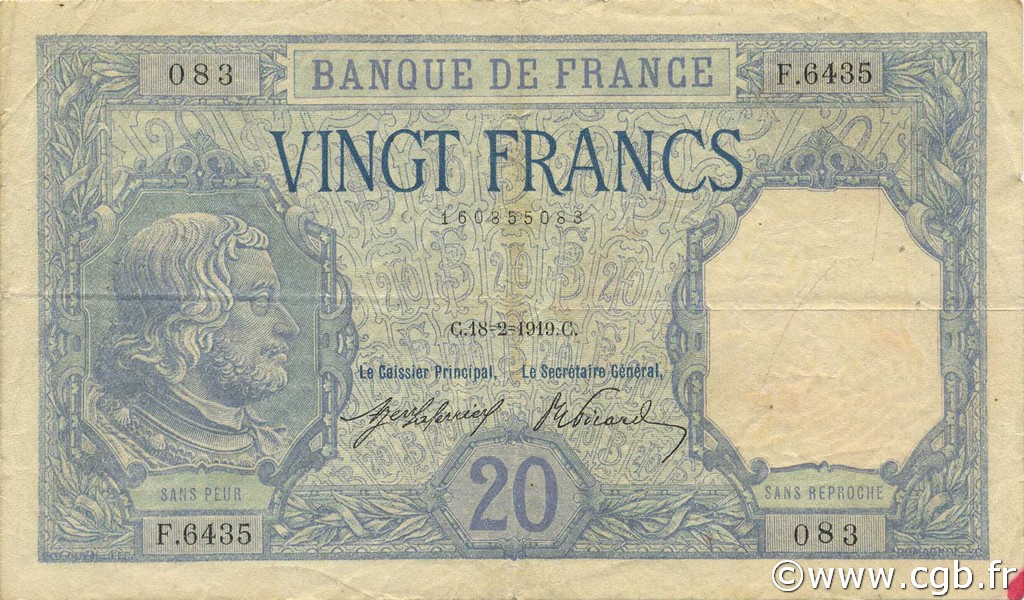 20 Francs BAYARD FRANCE  1919 F.11.04 pr.TTB