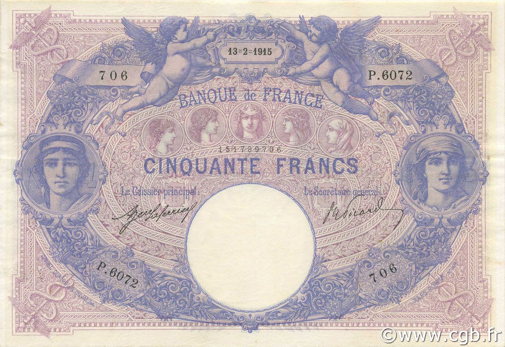 50 Francs BLEU ET ROSE FRANCE  1915 F.14.28 SUP