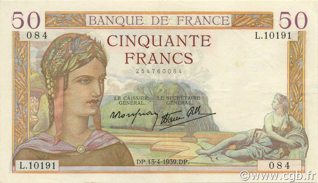50 Francs CÉRÈS modifié FRANCE  1939 F.18.25 SUP+
