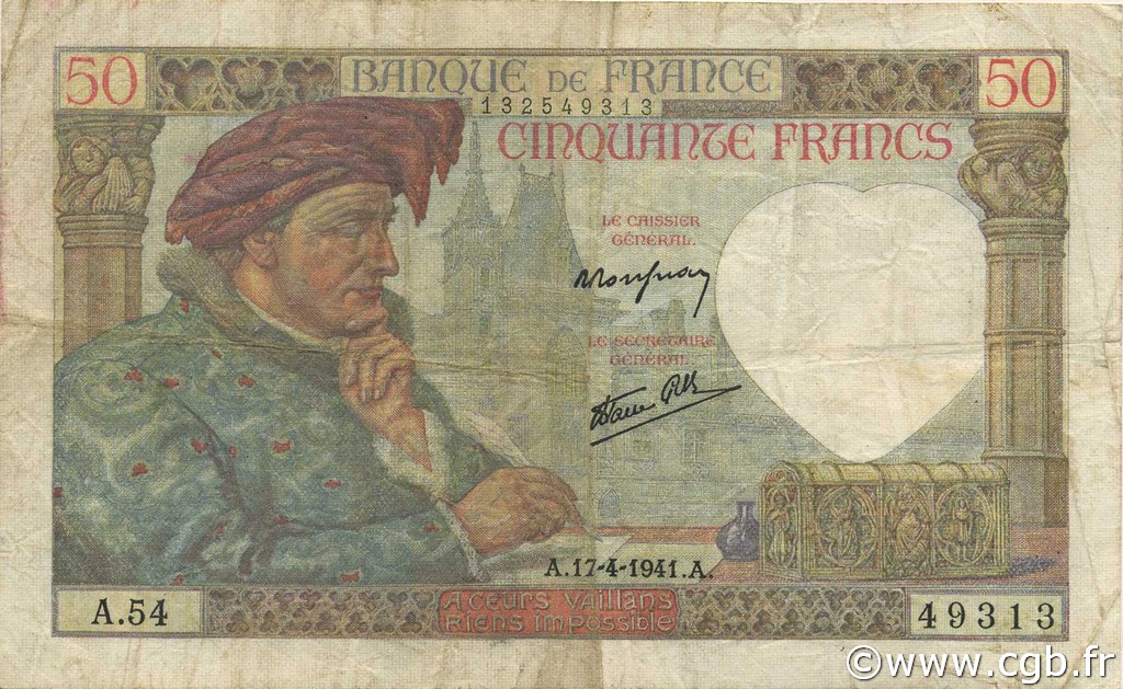 50 Francs JACQUES CŒUR FRANCE  1941 F.19.08 pr.TTB