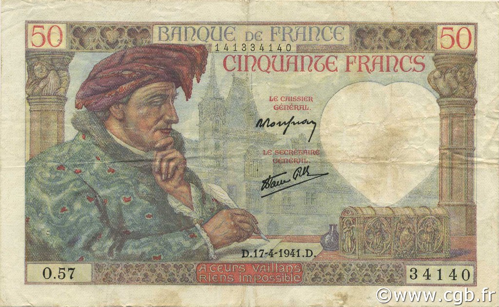 50 Francs JACQUES CŒUR FRANCE  1941 F.19.08 TTB