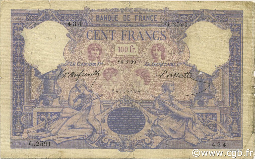 100 Francs BLEU ET ROSE FRANCE  1899 F.21.12 B