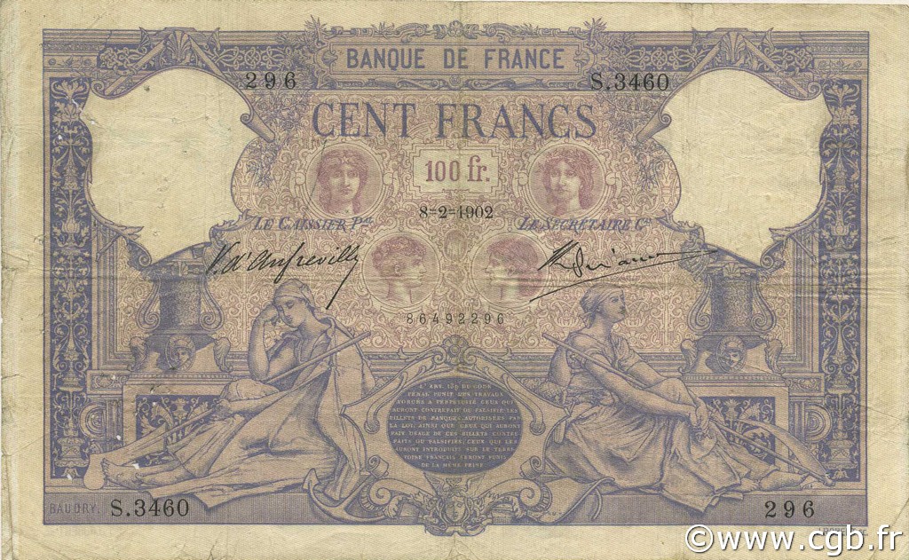 100 Francs BLEU ET ROSE FRANCE  1902 F.21.16 B+