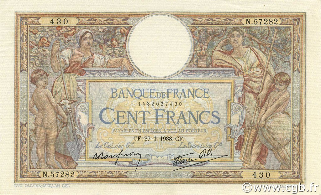 100 Francs LUC OLIVIER MERSON type modifié FRANCE  1938 F.25.09 SUP+