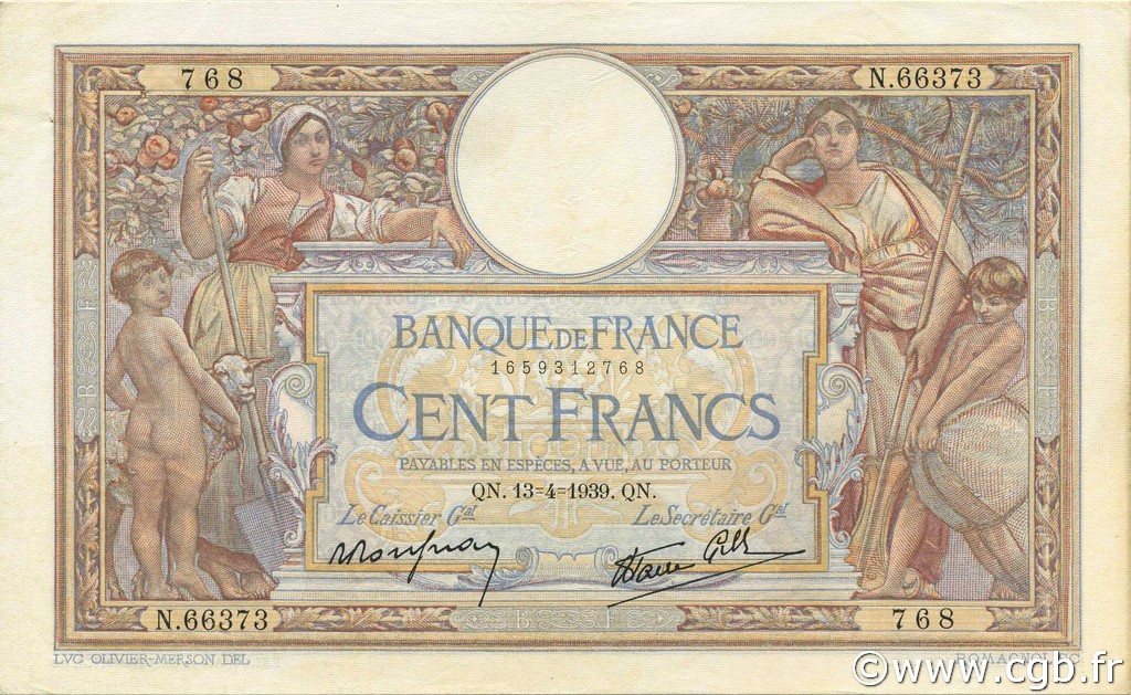 100 Francs LUC OLIVIER MERSON type modifié FRANCE  1939 F.25.46 SUP+