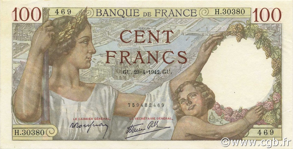 100 Francs SULLY FRANCE  1942 F.26.70 SPL+