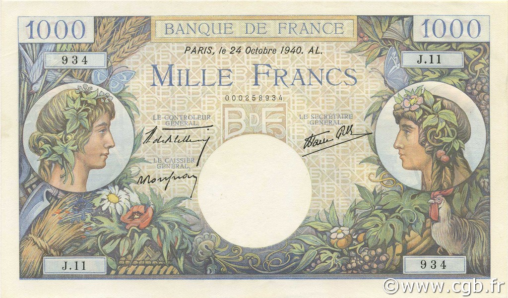 1000 Francs COMMERCE ET INDUSTRIE FRANCE  1940 F.39.01 NEUF