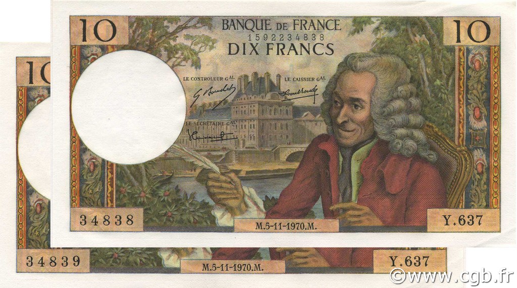 10 Francs VOLTAIRE Consécutifs FRANCE  1970 F.62.47 pr.NEUF
