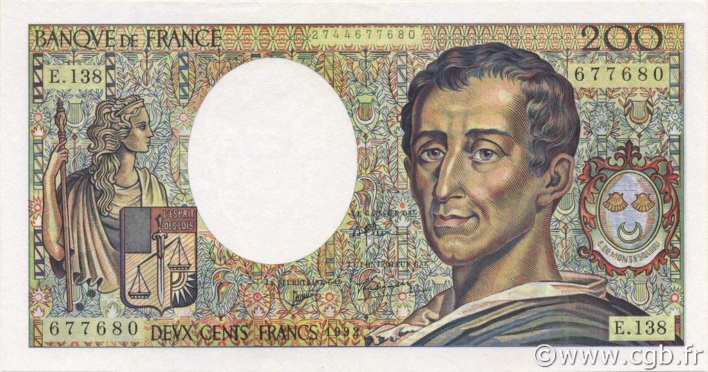 200 Francs MONTESQUIEU FRANCE  1992 F.70.12c pr.NEUF