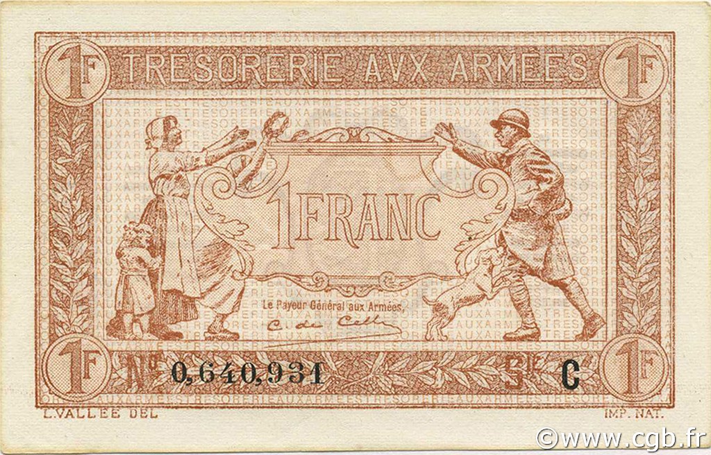 1 Franc TRÉSORERIE AUX ARMÉES 1917 FRANCE  1917 VF.03.01 SPL