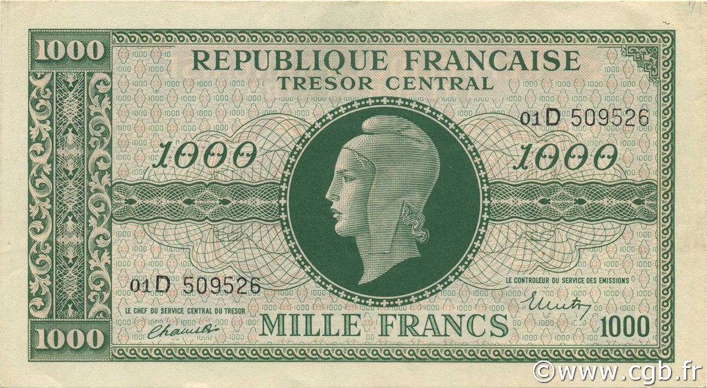 1000 Francs Marianne chiffres maigres FRANCE  1945 VF.13.01 SPL+