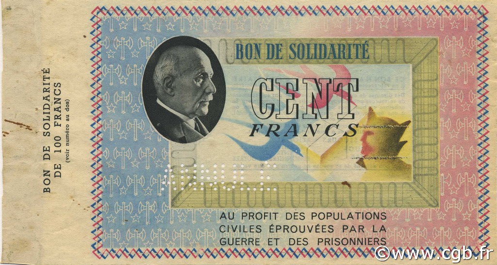 100 Francs BON DE SOLIDARITÉ FRANCE régionalisme et divers  1941 KL.10As SPL