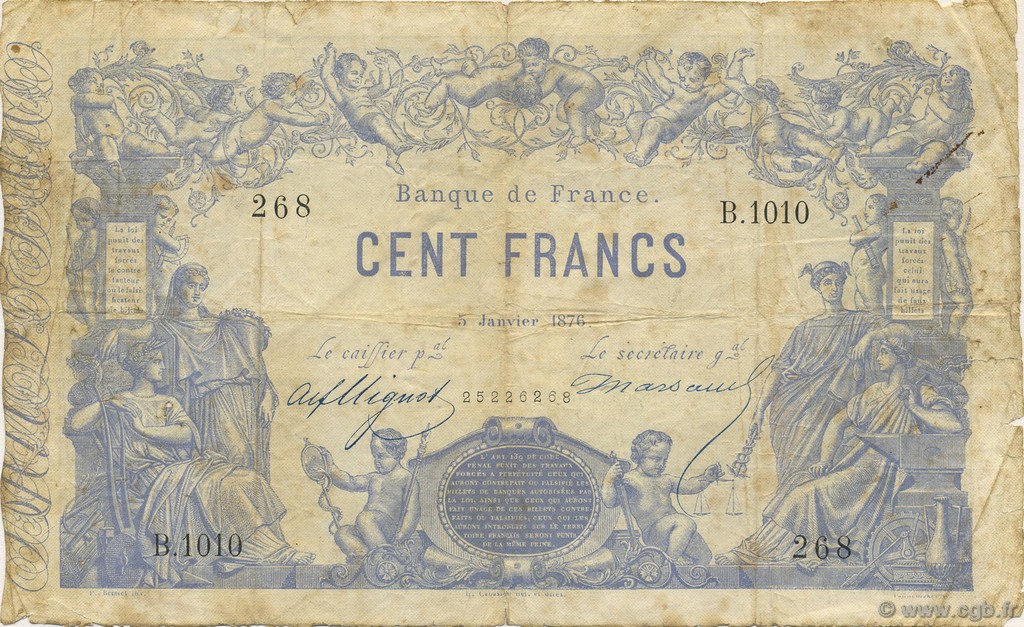 100 Francs type 1862 indices noirs FRANCE  1876 F.A39.12 B+
