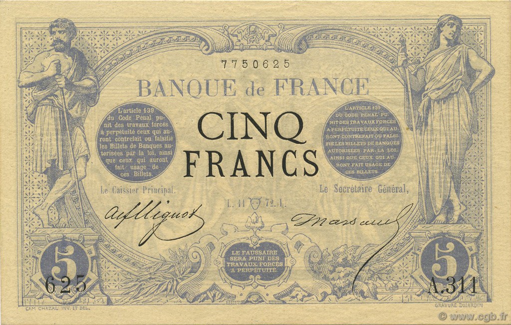 5 Francs NOIR FRANCE  1872 F.01.05 XF - AU