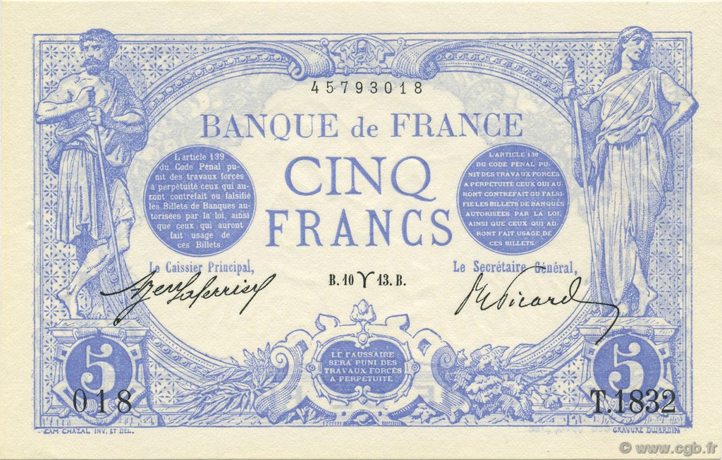 5 Francs BLEU FRANCE  1913 F.02.15 SPL