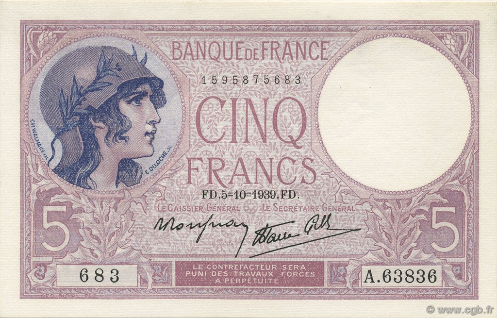 5 Francs FEMME CASQUÉE modifié FRANCE  1939 F.04.11 SPL