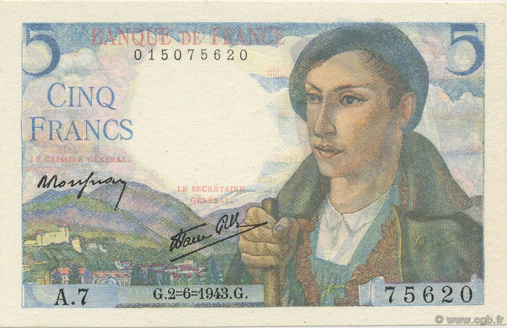 5 Francs BERGER FRANCE 1943 F.05.01 NEUF