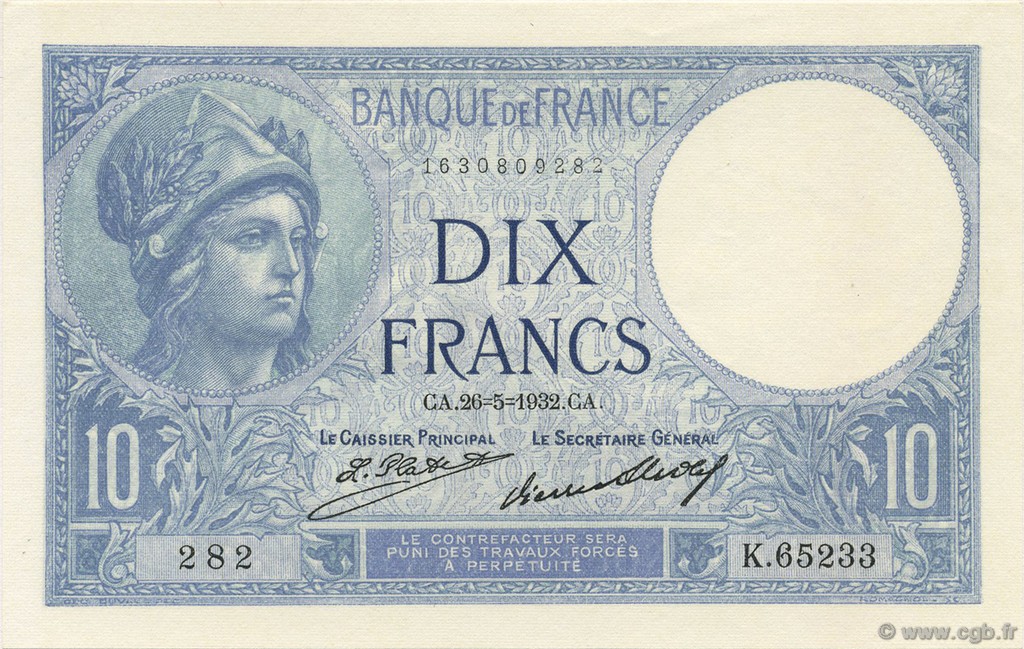 10 Francs MINERVE FRANCE  1932 F.06.16 NEUF