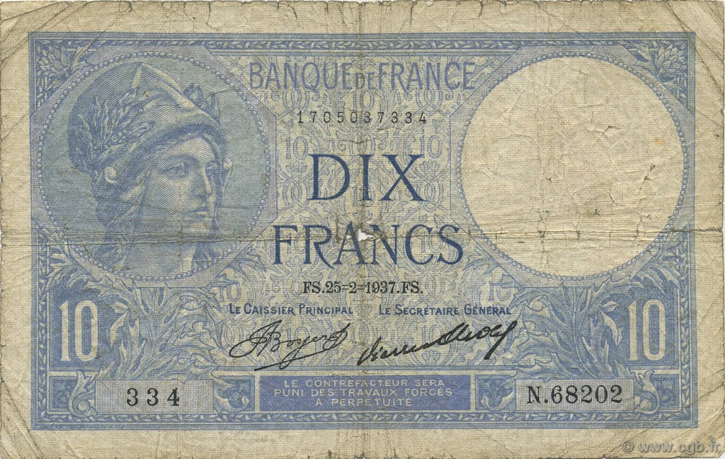 10 Francs MINERVE FRANCE  1937 F.06.18 B