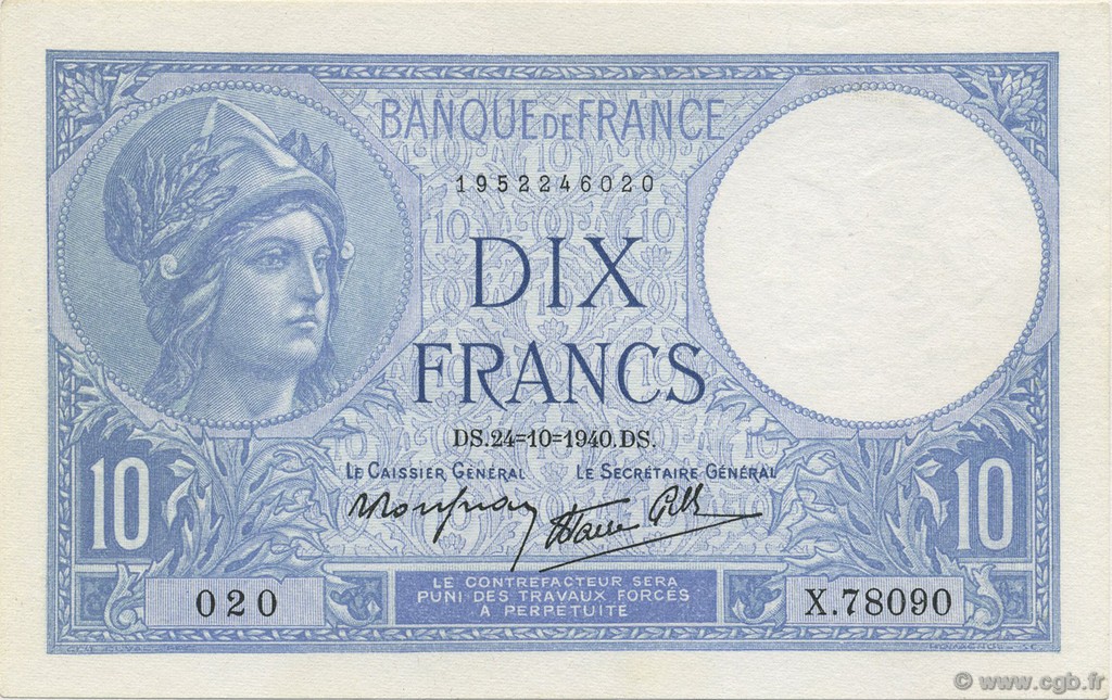 10 Francs MINERVE modifié FRANCE  1940 F.07.18 NEUF