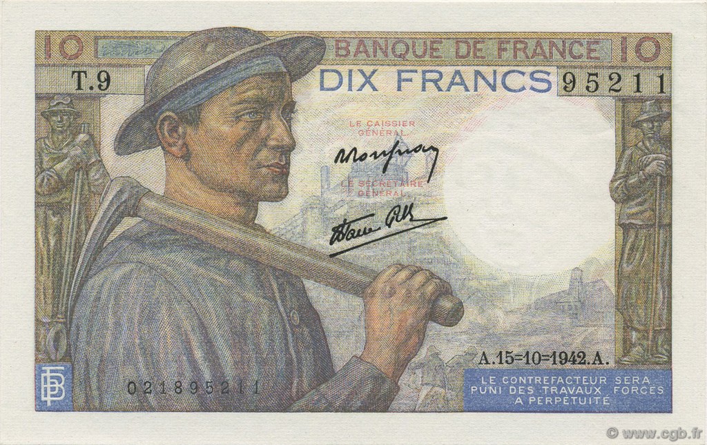 10 Francs MINEUR FRANCE  1942 F.08.04 NEUF