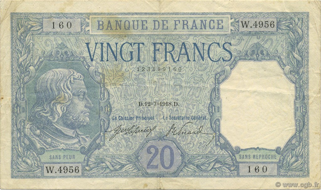 20 Francs BAYARD FRANCE  1918 F.11.03 TTB