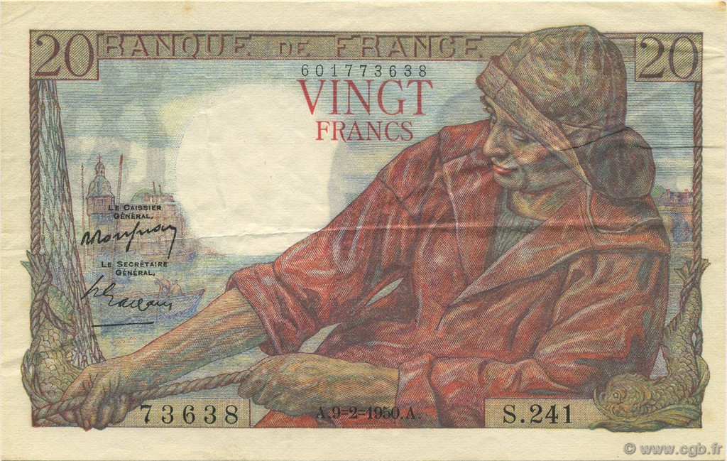 20 Francs PÊCHEUR FRANCE  1950 F.13.17 pr.SUP