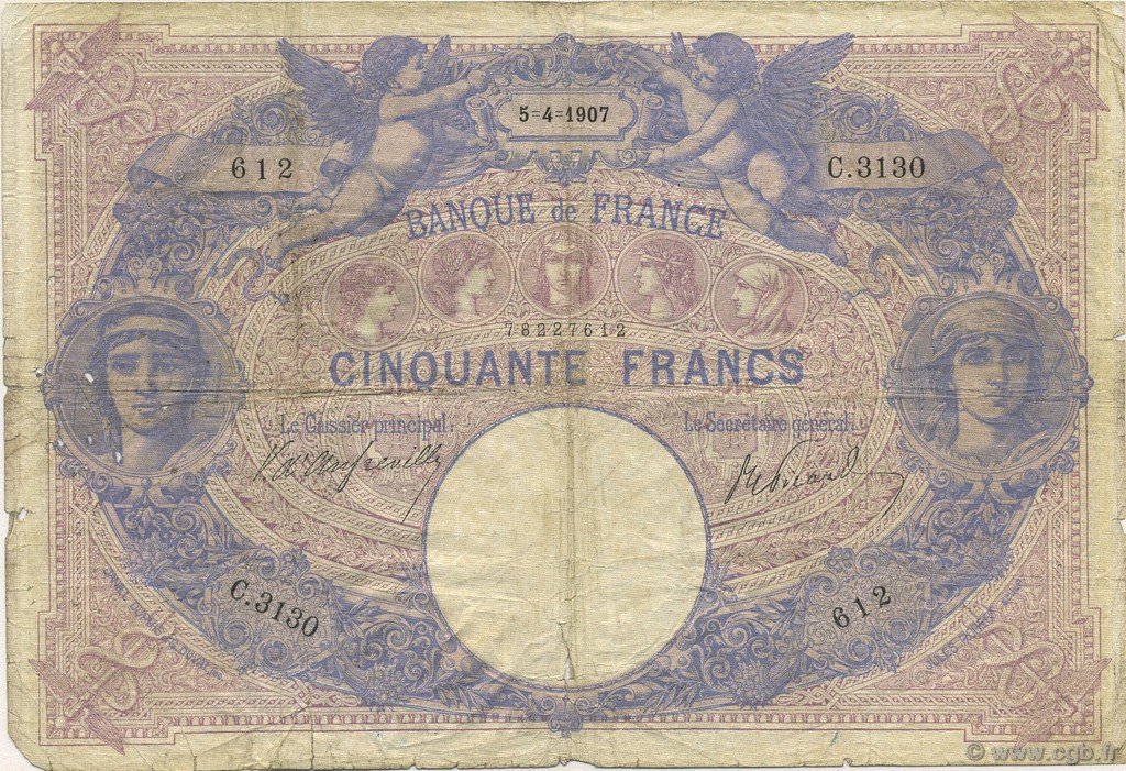 50 Francs BLEU ET ROSE FRANCE  1907 F.14.19 B