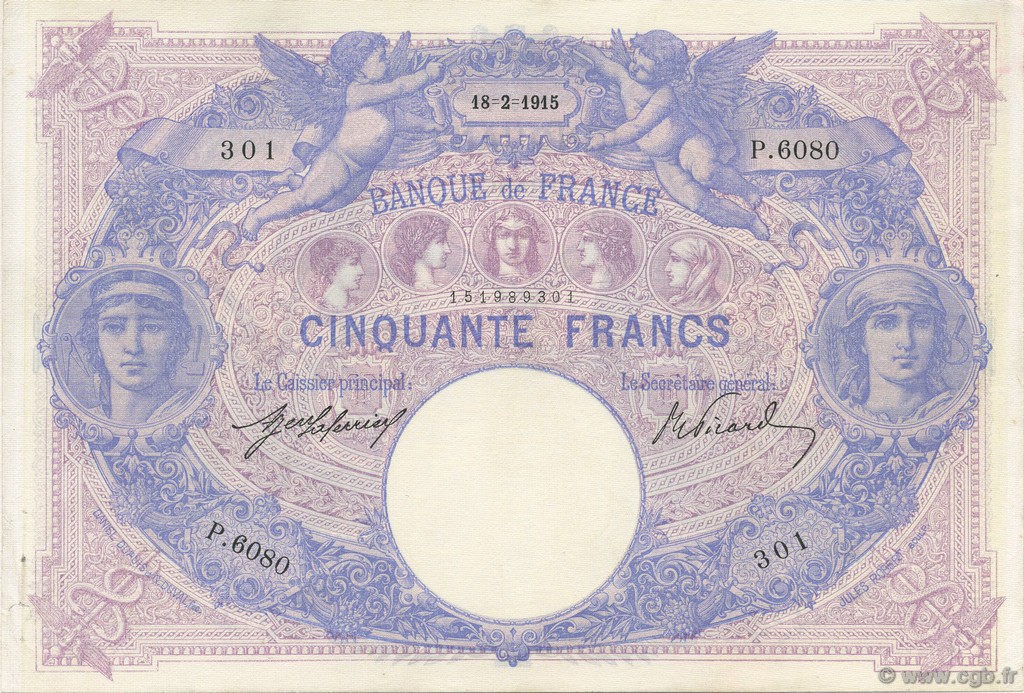 50 Francs BLEU ET ROSE FRANCE  1915 F.14.28 SUP à SPL