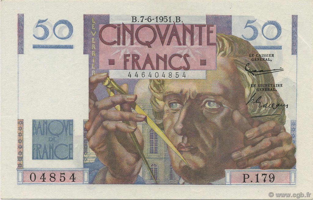 50 Francs LE VERRIER FRANCE  1951 F.20.18 pr.NEUF