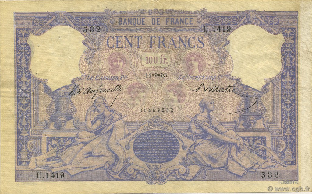100 Francs BLEU ET ROSE FRANCE  1893 F.21.06 TTB