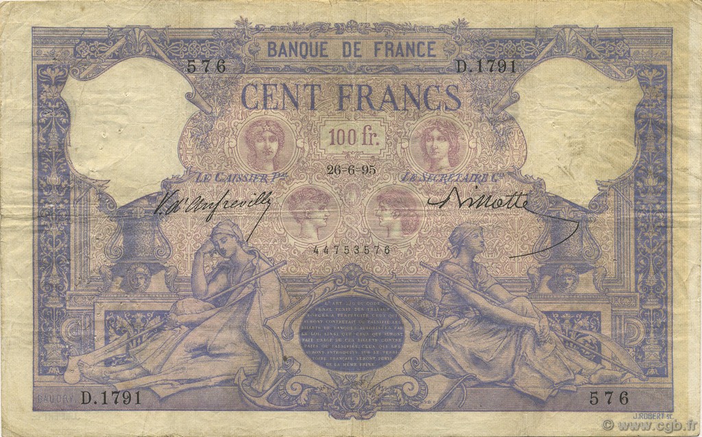 100 Francs BLEU ET ROSE FRANCE  1895 F.21.08 TB