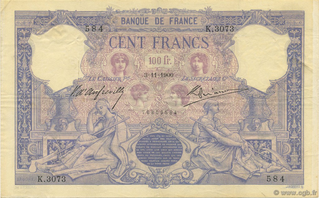 100 Francs BLEU ET ROSE FRANCE  1900 F.21.14 TTB+
