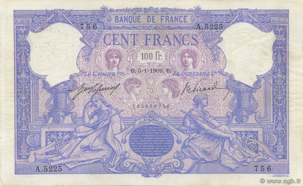 100 Francs BLEU ET ROSE FRANCE  1909 F.21.24 TTB