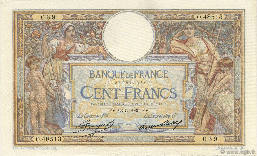 100 Francs LUC OLIVIER MERSON grands cartouches FRANCE  1935 F.24.14 SUP+