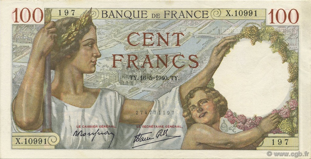 100 Francs SULLY FRANCE  1940 F.26.29 SUP