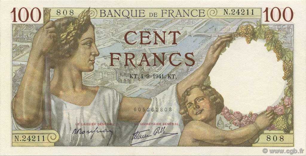 100 Francs SULLY FRANCE  1941 F.26.57 SPL