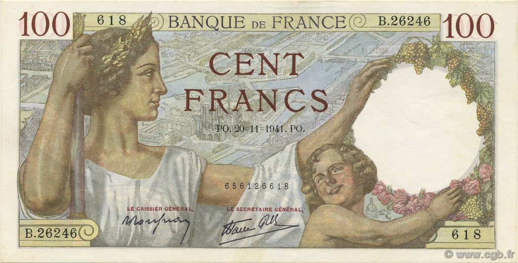 100 Francs SULLY FRANCE  1941 F.26.61 SPL