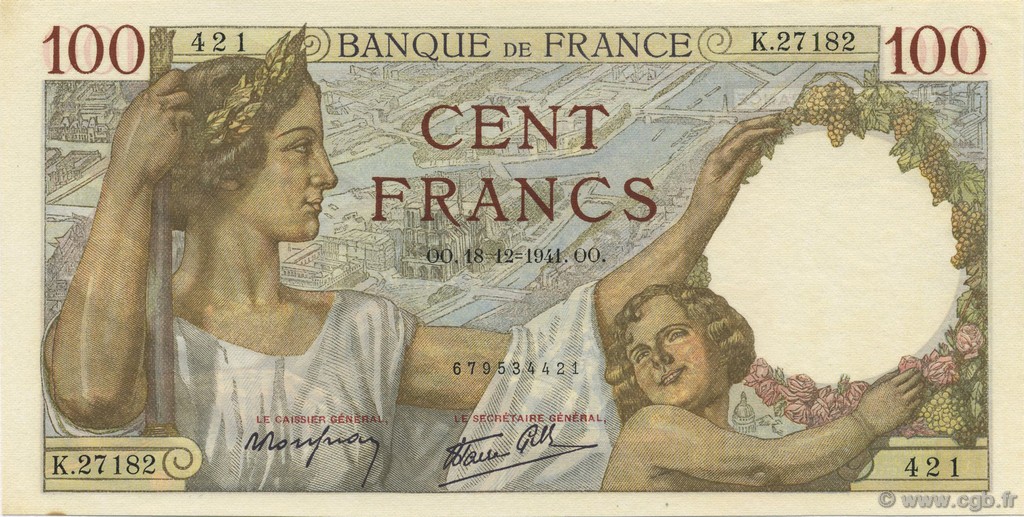 100 Francs SULLY FRANCE  1941 F.26.63 SPL+
