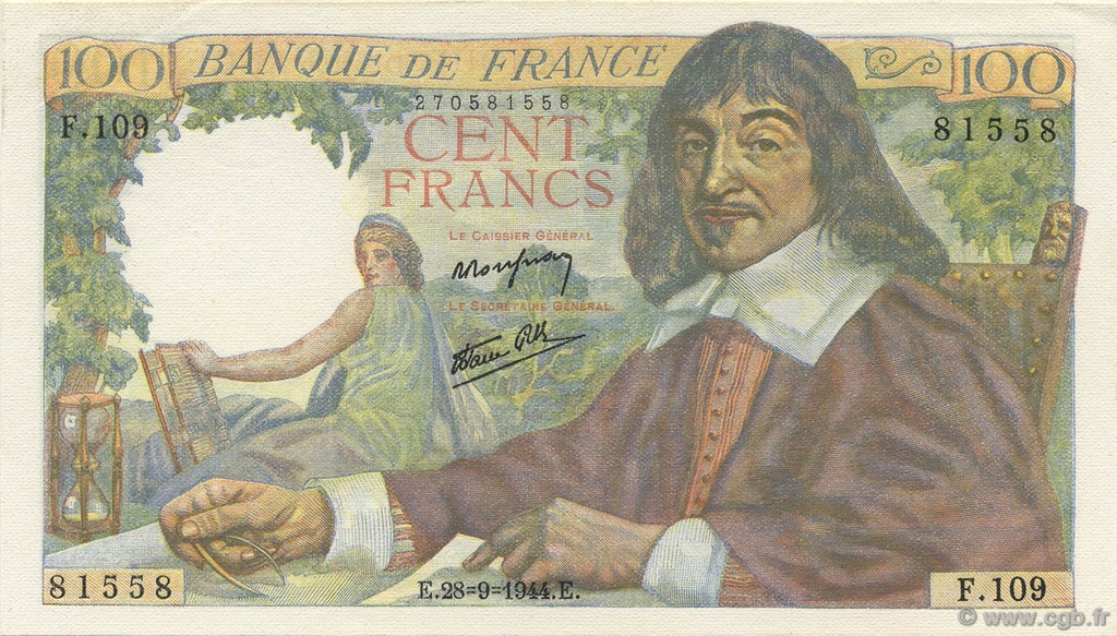 100 Francs DESCARTES FRANCE  1944 F.27.07 pr.NEUF