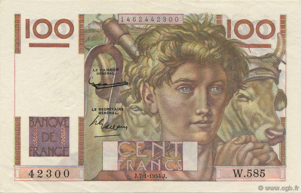 100 Francs JEUNE PAYSAN FRANCE  1954 F.28.41 SPL
