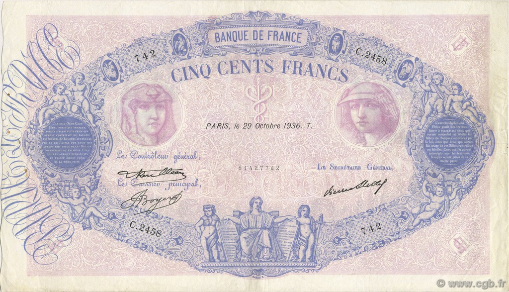 500 Francs BLEU ET ROSE FRANCE  1936 F.30.37 pr.SUP